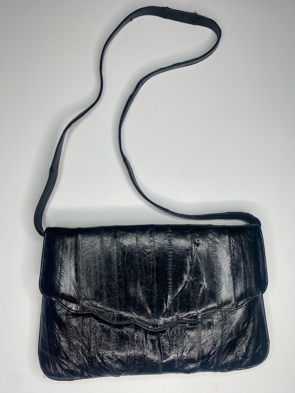 Vintage Black Eel Leather Scalloped Black Bag Purse